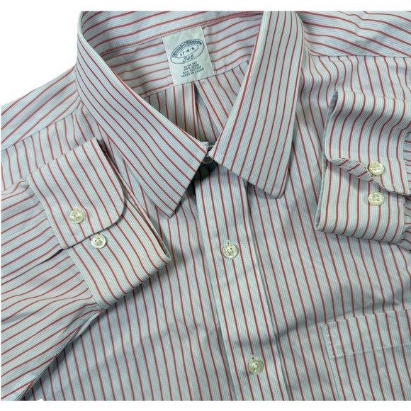 Brooks Brothers 346 Slim Fit Men's 17 Red Stripe Long‎ Sleeve Button Down Shirt - Picture 1 of 6